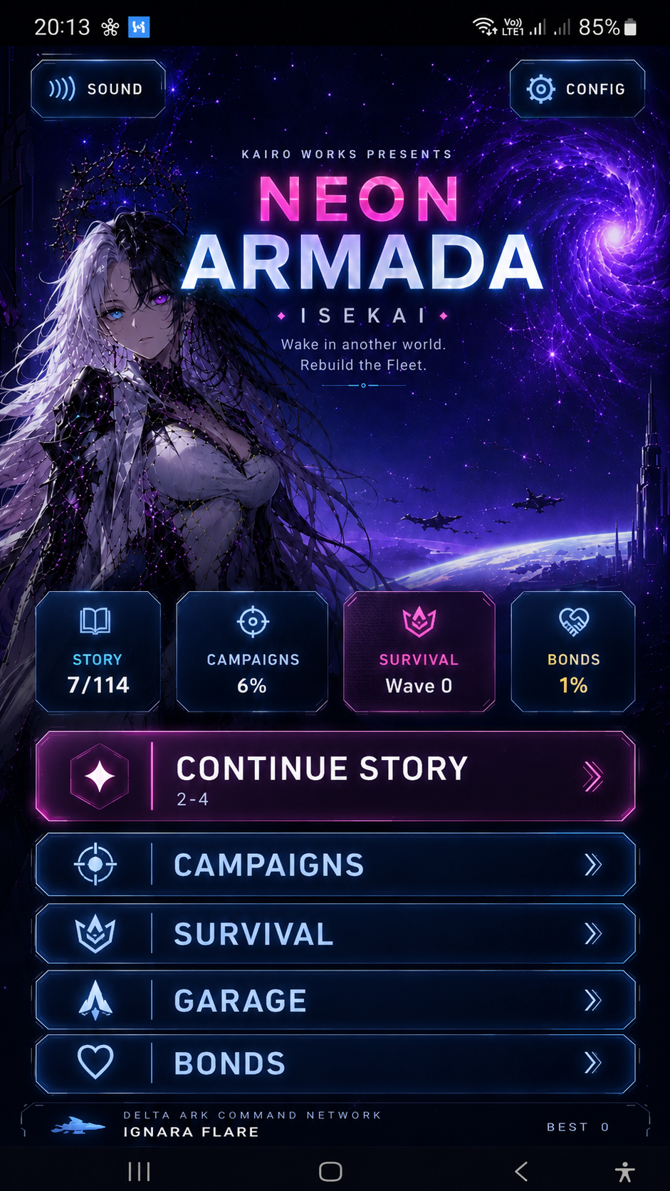 Tela menu principal Neon Armada