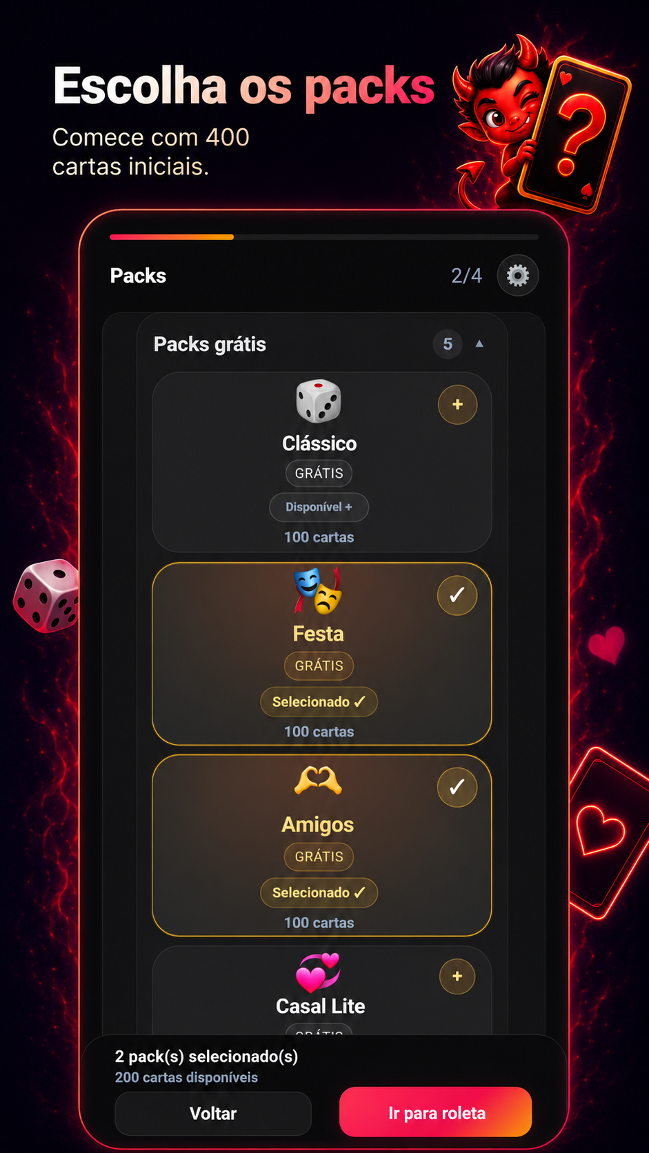 Tela escolha os packs